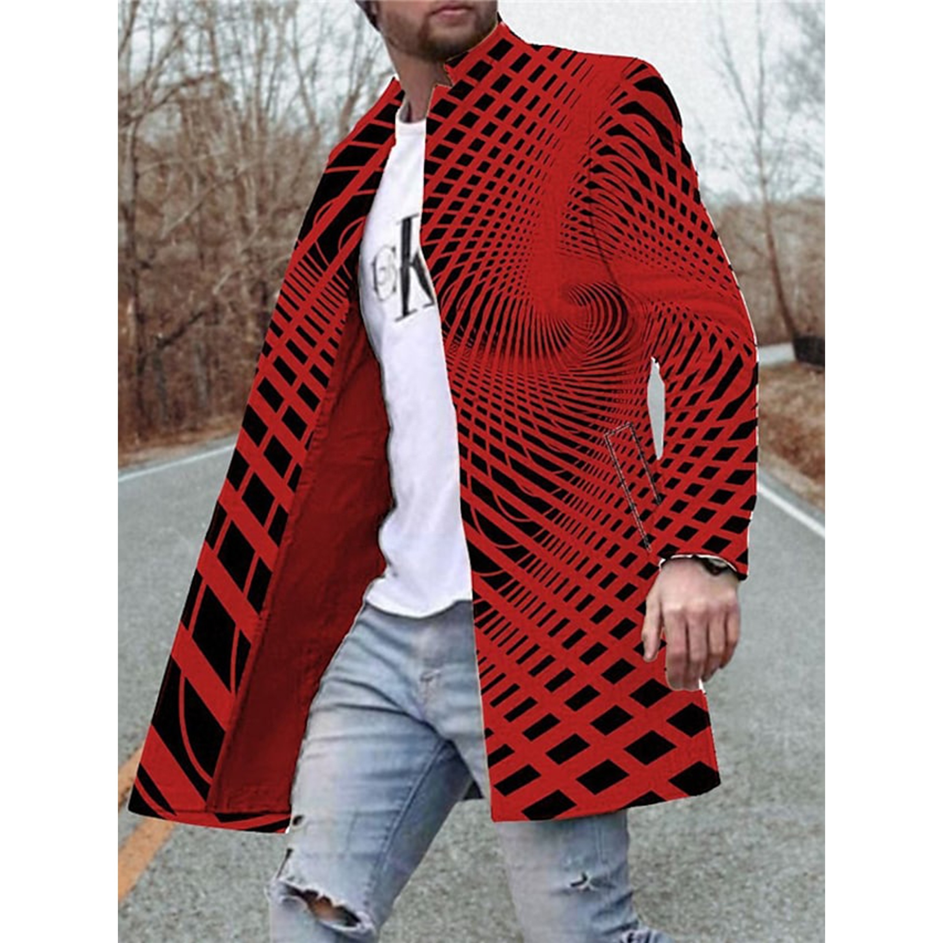 Wholesale Optical Illusion Graphic Prints Men's Active Wear Fall Winter Windproof Coat Long Sleeve Sustainable Men's Outerwear