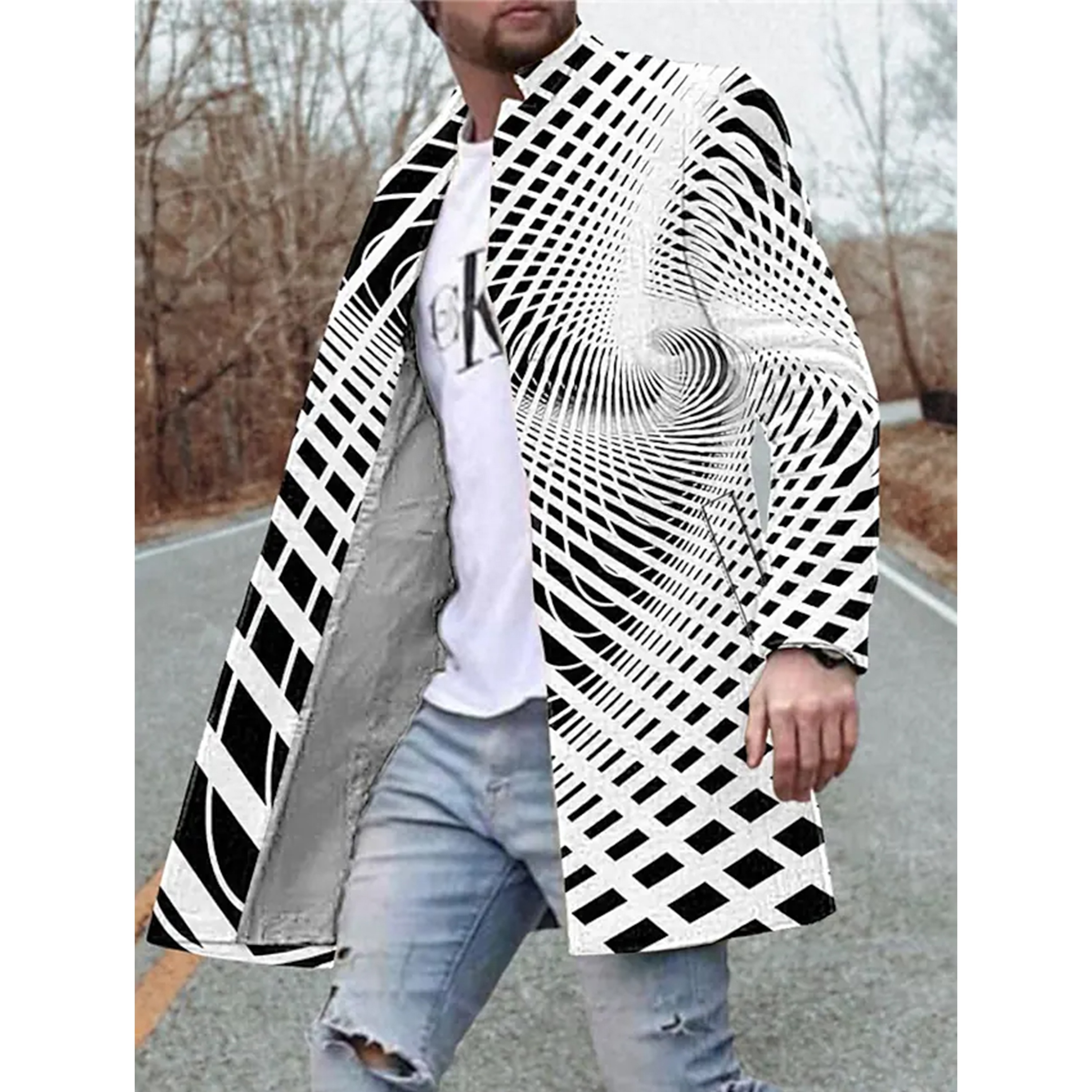 Wholesale Optical Illusion Graphic Prints Men's Active Wear Fall Winter Windproof Coat Long Sleeve Sustainable Men's Outerwear