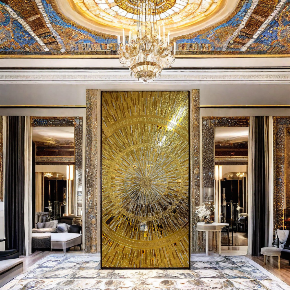 120x240cm Luxury Medallion Golden Mosaic Glass Art Glossy Interior Wall Decoration Tile 48x96 Traditional Design Graphic Design