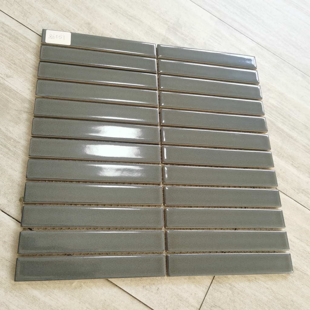 22*145mm  Grey Color Strip Glazed Glossy Crystal Glass Mosaic Tile For Kitchen Backsplash