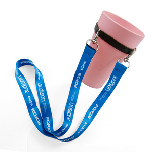 Promotional cheap water cup water bottle holder woven polyester lanyard with logo custom