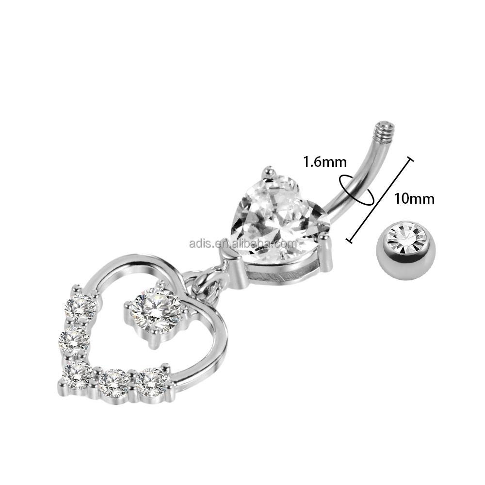 Stainless Steel Externally Threaded Heart Design Belly Button Ring Big Clear Zircon Navel Piercing Jewelry