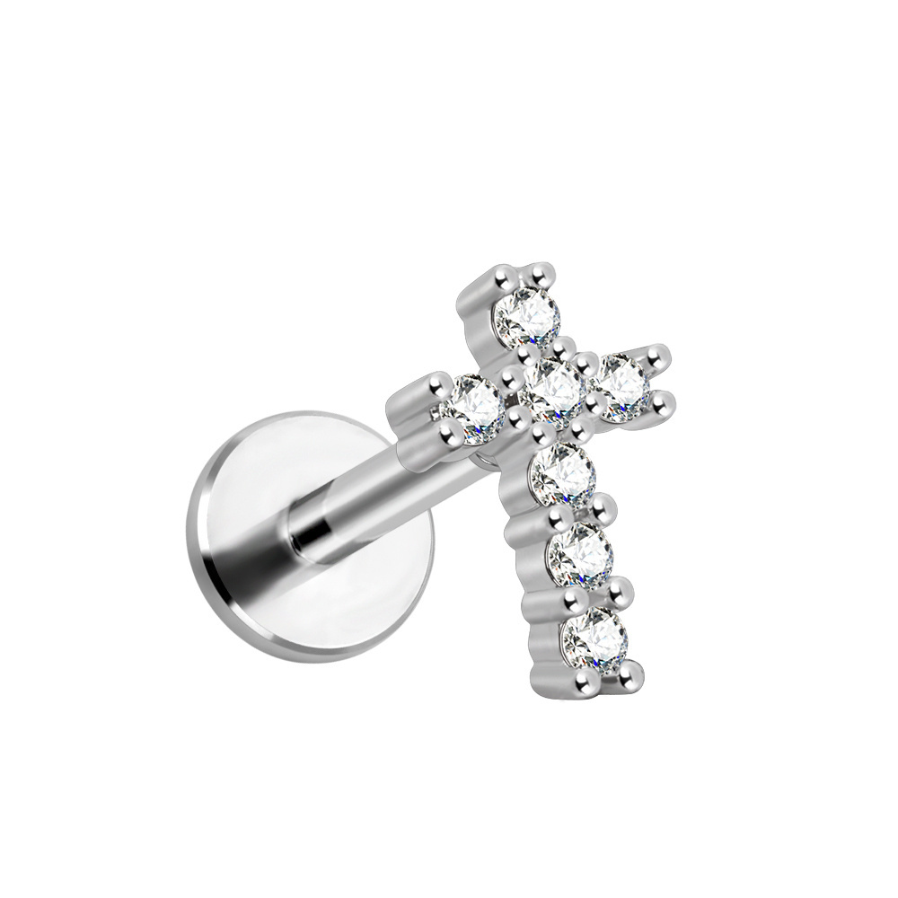 Factory female lip piercing jewelry cross-shaped CZ ear tragus 14 16 Gauge custom made lip stud labret