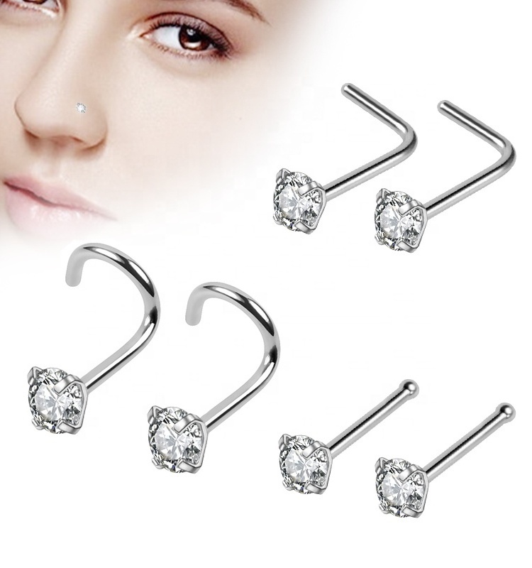 Surgical stainless steel 20 gauge nose ring nose piercing with cz stone jewelry