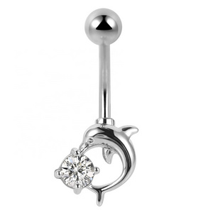 Hot selling cute dolphin single zircon women stainless steel navel stud piercing jewelry men trendy barbell belly ring