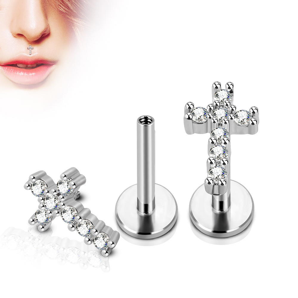 Factory female lip piercing jewelry cross-shaped CZ ear tragus 14 16 Gauge custom made lip stud labret