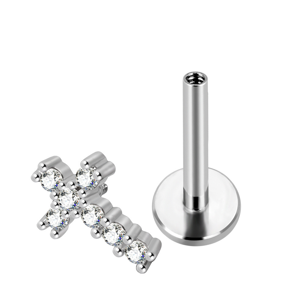 Factory female lip piercing jewelry cross-shaped CZ ear tragus 14 16 Gauge custom made lip stud labret