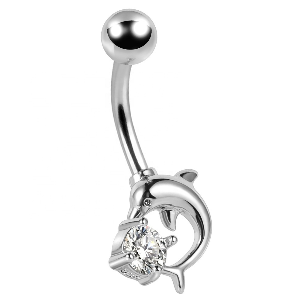 Hot selling cute dolphin single zircon women stainless steel navel stud piercing jewelry men trendy barbell belly ring