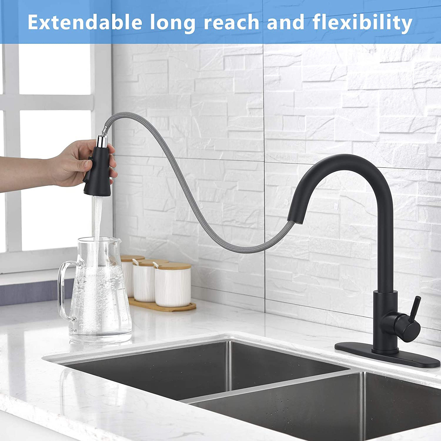 304 stainless steel pull-out faucet cold and heat induction kitchen telescopic faucet black brushed tap