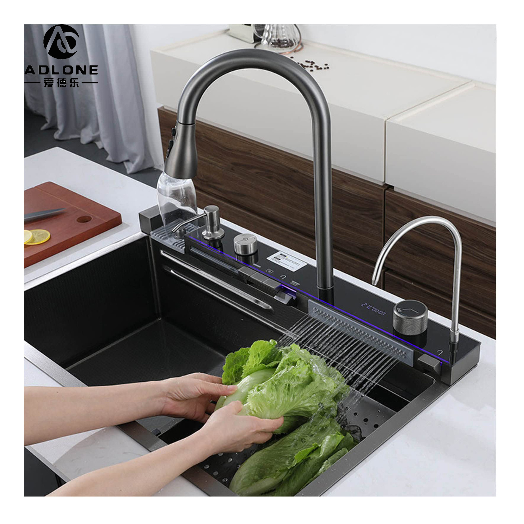 LED  Waterfall rainfall Kitchen workstation sink Stainless Steel 304 Black Sink with LED Light