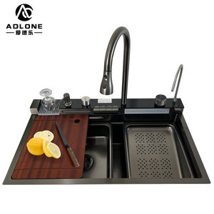 LED  Waterfall rainfall Kitchen workstation sink Stainless Steel 304 Black Sink with LED Light