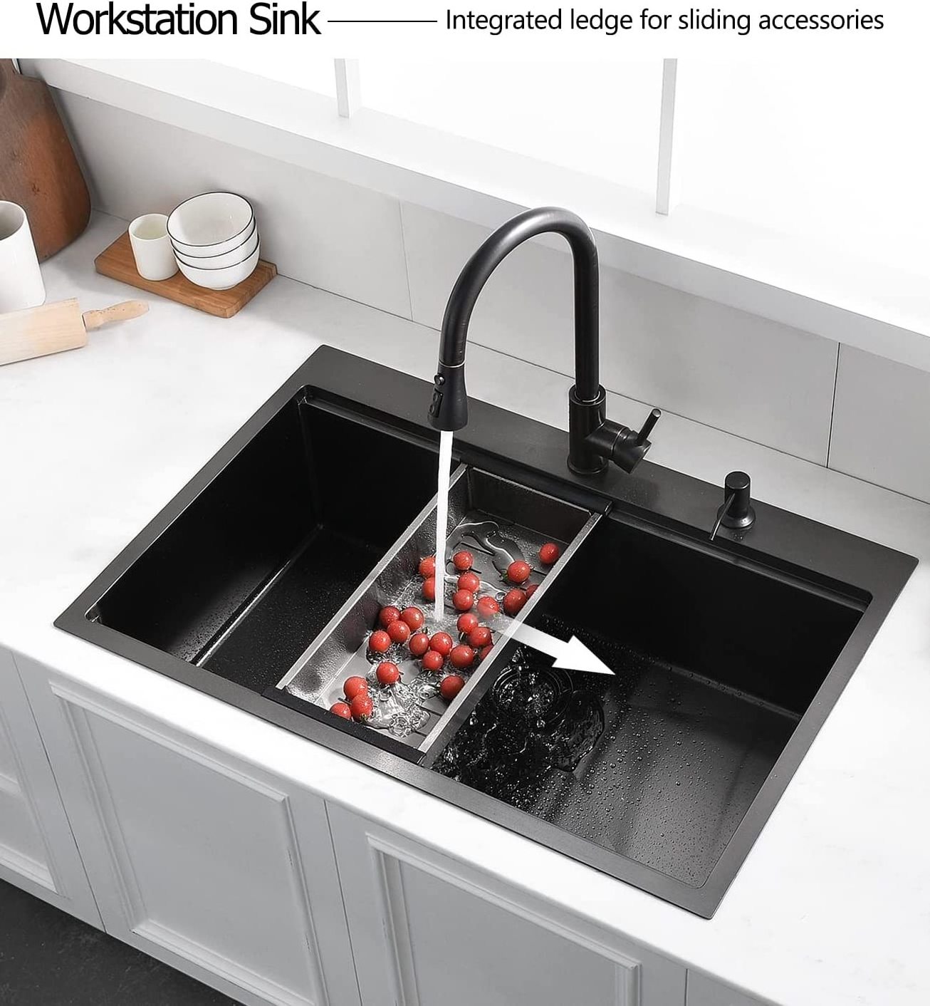 33 Drop In Black Kitchen Sink 16 Gauge Deep Black Stainless Steel Top mount Workstation Kitchen Sink with waterfall