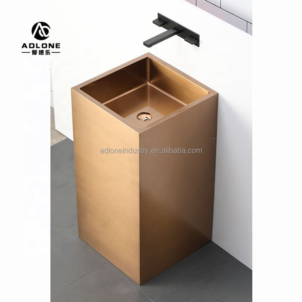 Floor Standing Stainless Steel Pvd Rose Gold Square Hand Wash Basin Sink With Pedestal Hotel Sinks