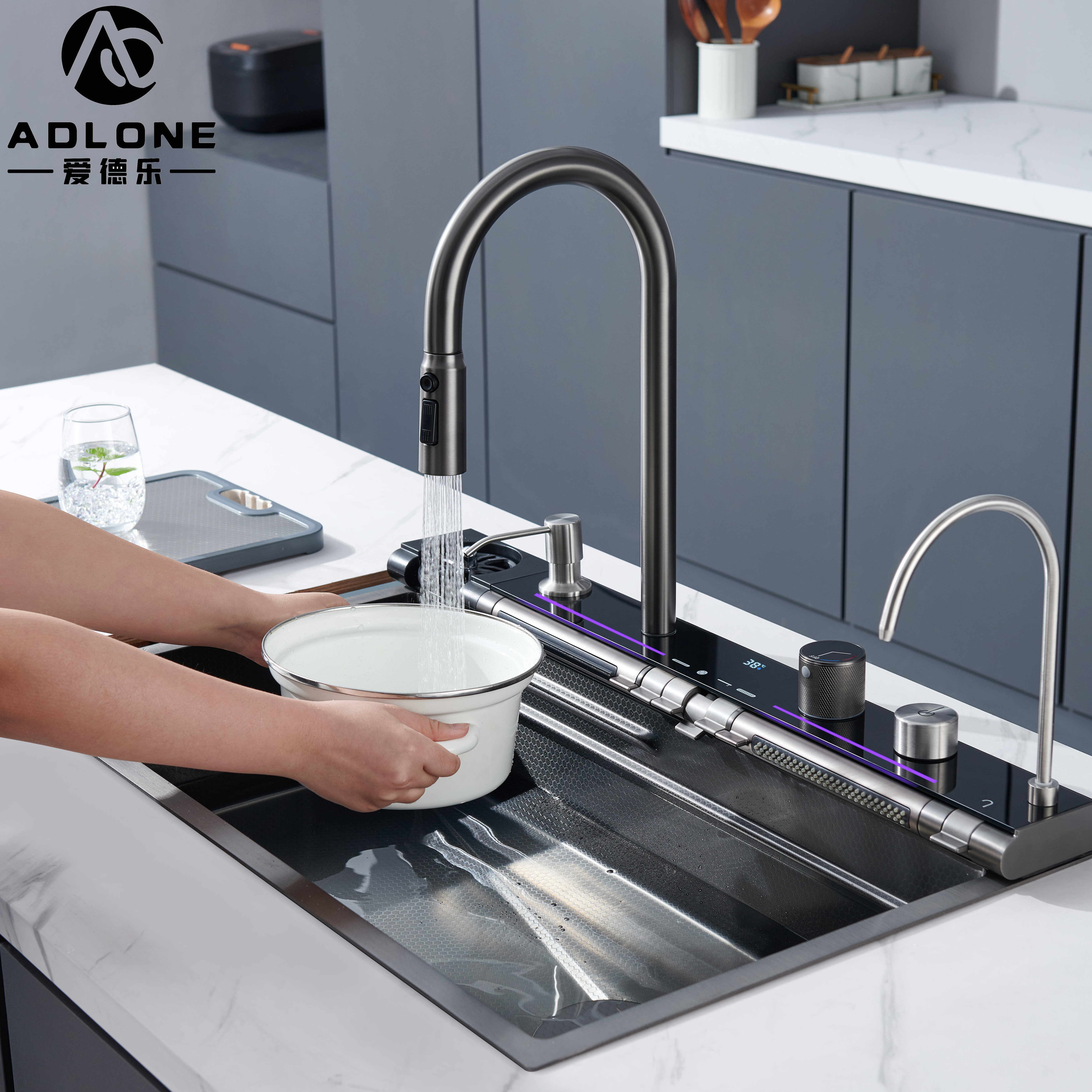 Nano Plating Technology 304 Customizable Double Bowl Stainless Steel Handmade Waterfall Faucet Farmhouse Kitchen Sink Countertop