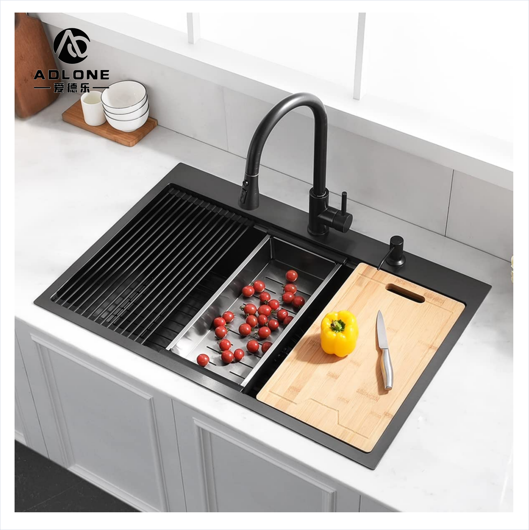 33 Drop In Black Kitchen Sink 16 Gauge Deep Black Stainless Steel Top mount Workstation Kitchen Sink with waterfall