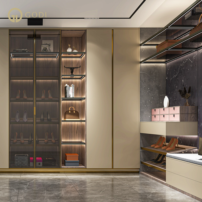 GODI Custom Design Luxury High End Pvc Melamine Mdf Minimalist Wooden Walk-in Closet Open Cloakroom Wardrobes