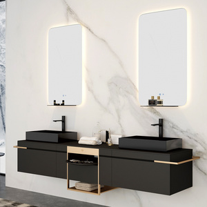 GODI Modern Wall Mount Bathroom Vanity Hotel Solid Wood Washroom Storage Cabinet Set Marble Floating Vanity