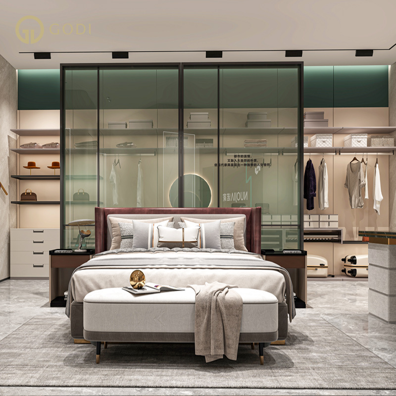 GODI Custom Design Luxury High End Pvc Melamine Mdf Minimalist Wooden Walk-in Closet Open Cloakroom Wardrobes