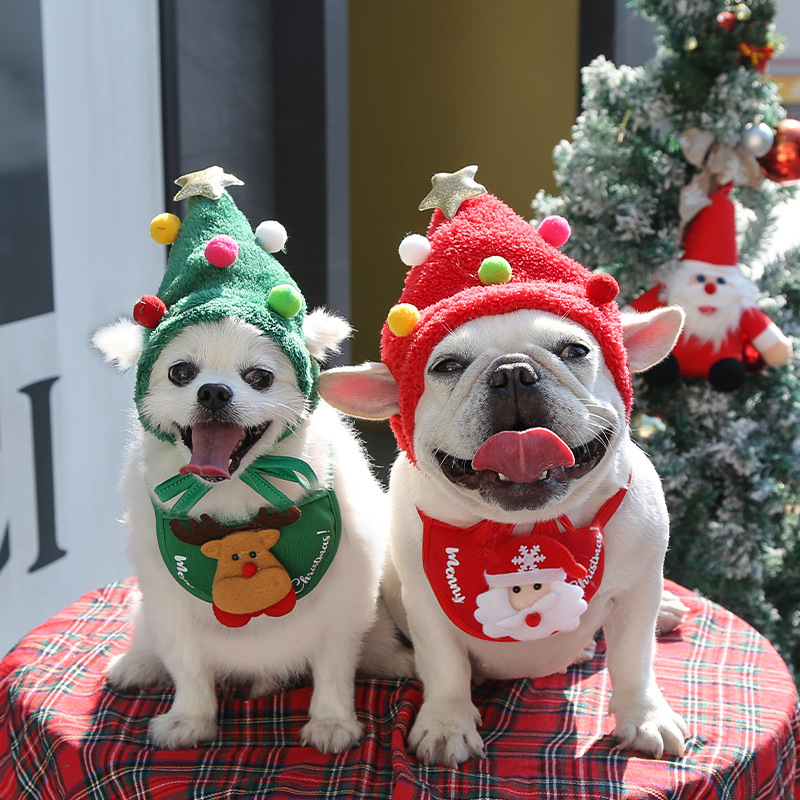 Christmas Pet Accessories Set Christmas Dog Bandana Adjustable Pet Triangle Scarf Pet Santa Hat Dog Christmas Hat