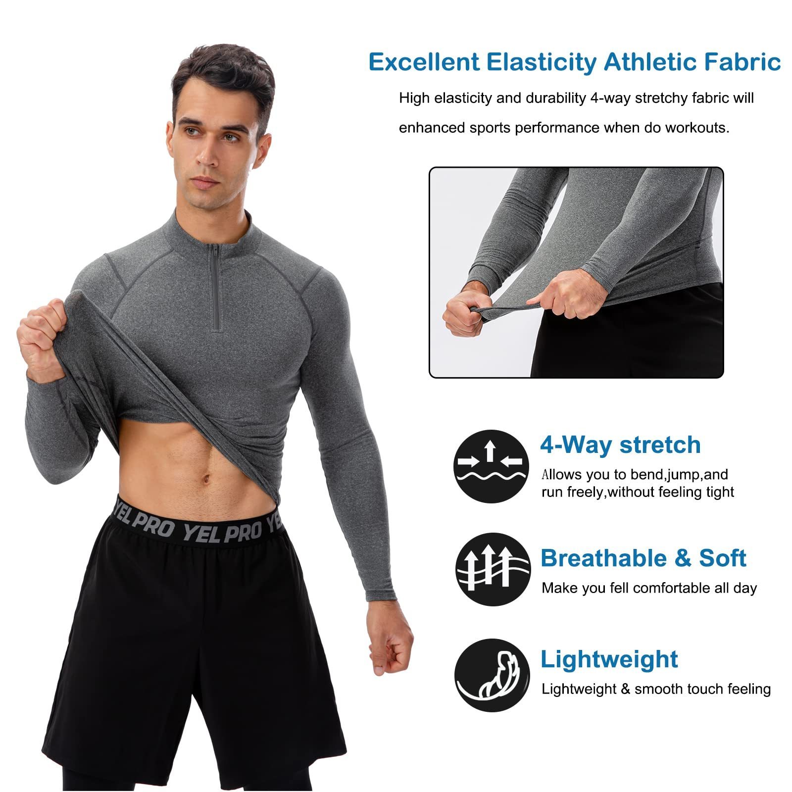 Thermal Underwear Workout Top Fleece Lined Long Sleeve Quarter Zip Pullover Stand Collar Active Golf Polo Compression Shirt for