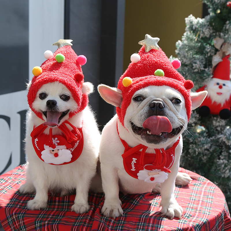 Christmas Pet Accessories Set Christmas Dog Bandana Adjustable Pet Triangle Scarf Pet Santa Hat Dog Christmas Hat