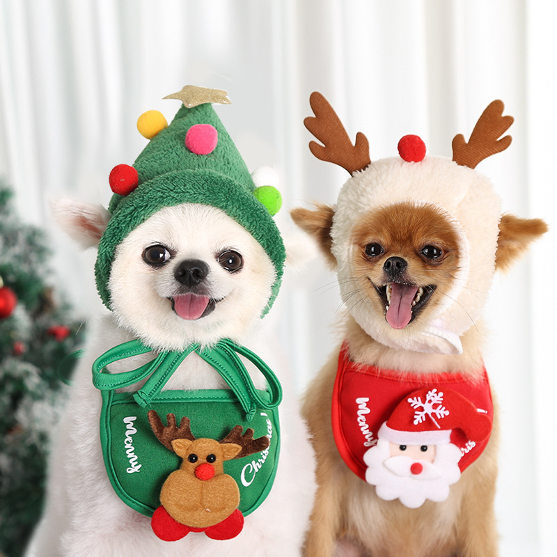 Christmas Pet Accessories Set Christmas Dog Bandana Adjustable Pet Triangle Scarf Pet Santa Hat Dog Christmas Hat