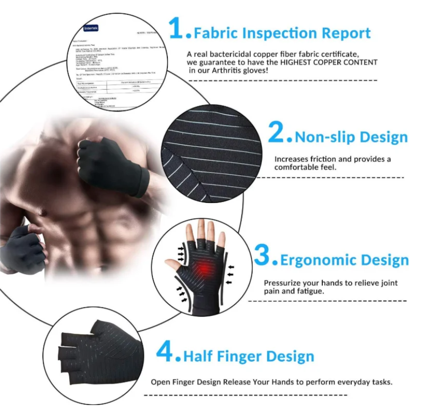 high quality GYM Arthritis Carpal Tunnel Pain Relief Hand Support Copper Compression Half Finger gloves for work