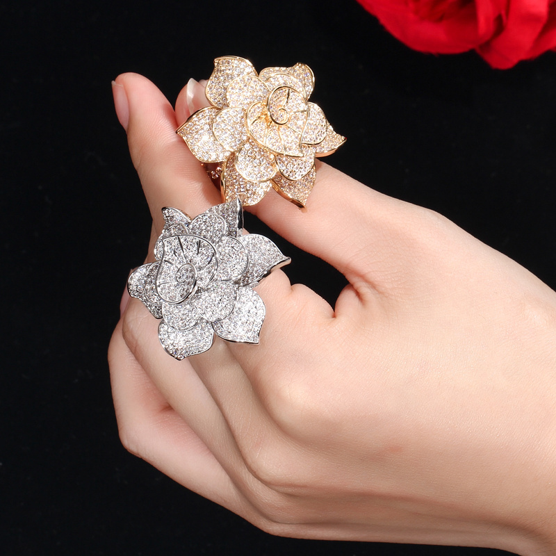 White Gold Plated Luxury Statement Jewelry Cubic Zircon Stone Big Geometric Lucky Flower Engagement Party Finger Rings for Women