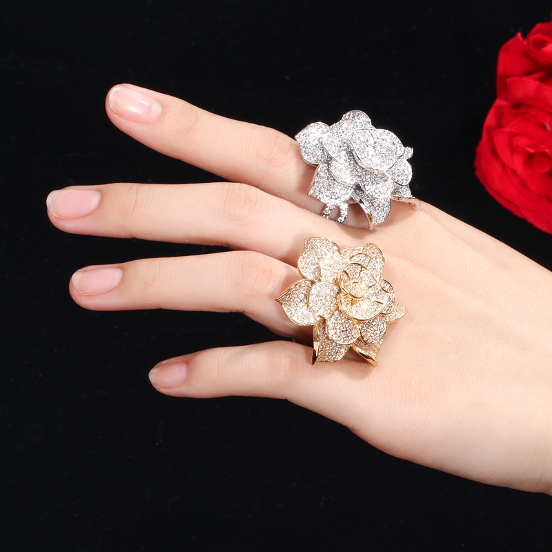 White Gold Plated Luxury Statement Jewelry Cubic Zircon Stone Big Geometric Lucky Flower Engagement Party Finger Rings for Women