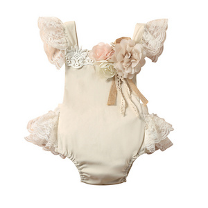 Infant Baby Girls Children Kids Clothes Beige Backless Lace Ruffle Floral Bubble Romper