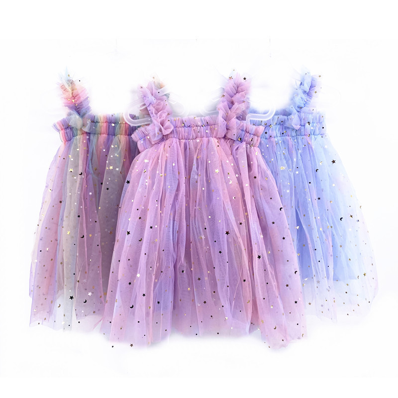 Custom LOGO Children Baby Girls Tulle Dress Sparkle Star TUTU Chiffon Dress Children Kids Happy Birthday Dress