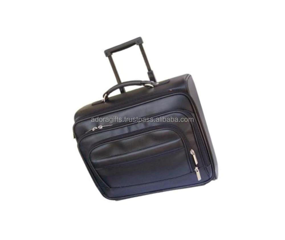 Black Genuine Leather Travel Trolley Pilot Bag