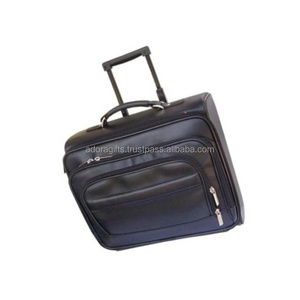 Black Genuine Leather Travel Trolley Pilot Bag