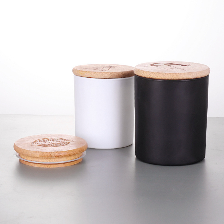 Custom Logo White and black Matte  Colored Spray Glass Candle Jar With Wood metal bamboo Lid For Candle Making