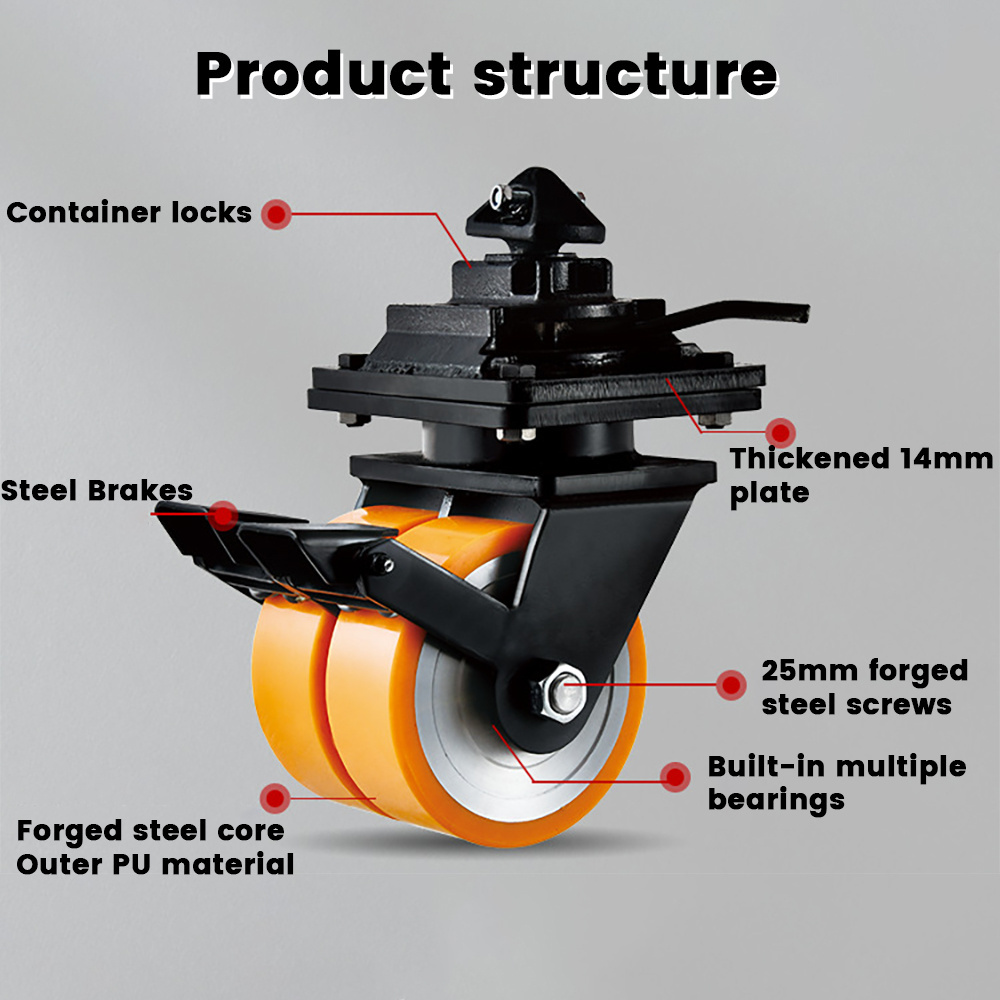 Tons Load Shipping Container Pu Casters Heavy Duty 1000Kg Castor Wheels Twist Lock Roller Industrial Rigid Trolley Casters