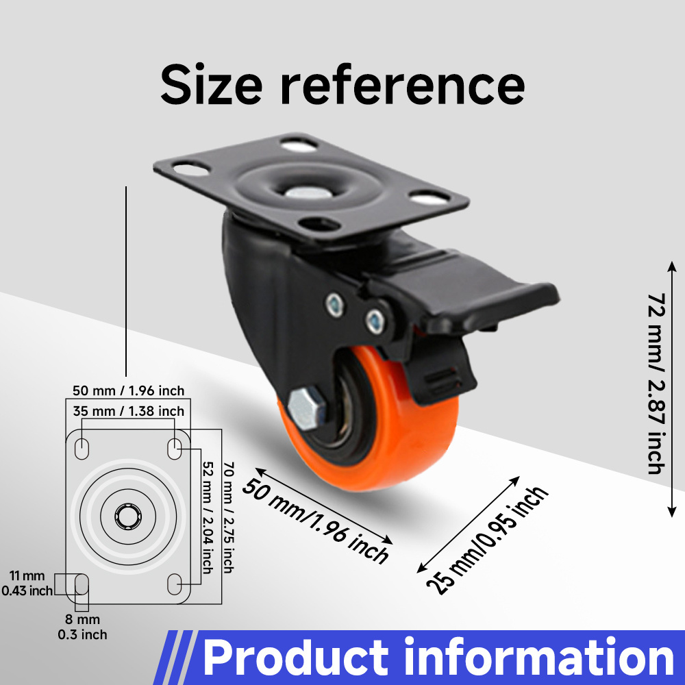 2Inch 50mm Orange Pvc Caster Wheels Top Plate Stem Small Size Home Office  Swivel Brake Rotating Industrial Universal Casters