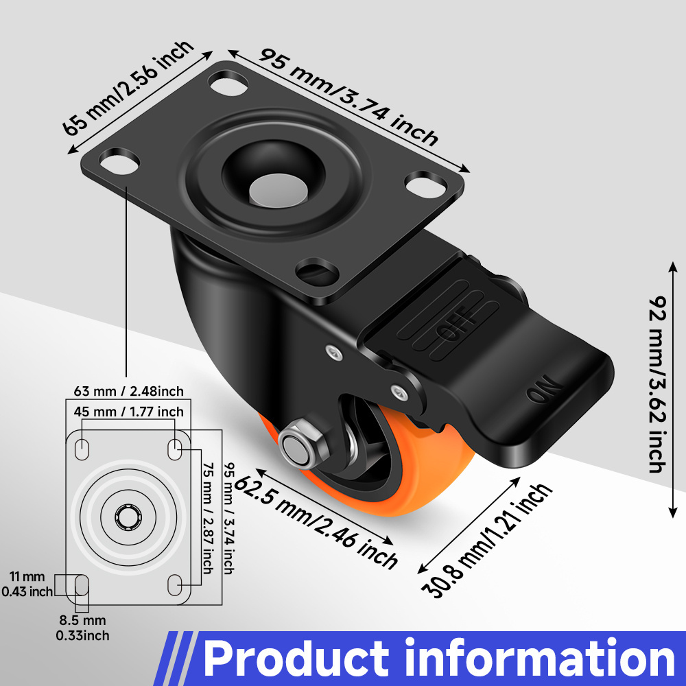 Factory Wholesale 2.5Inch Pvc Casters Light Weight Castor With Brake Swivel Chair Shelf Furniture Heavy Duty Caster Wheels