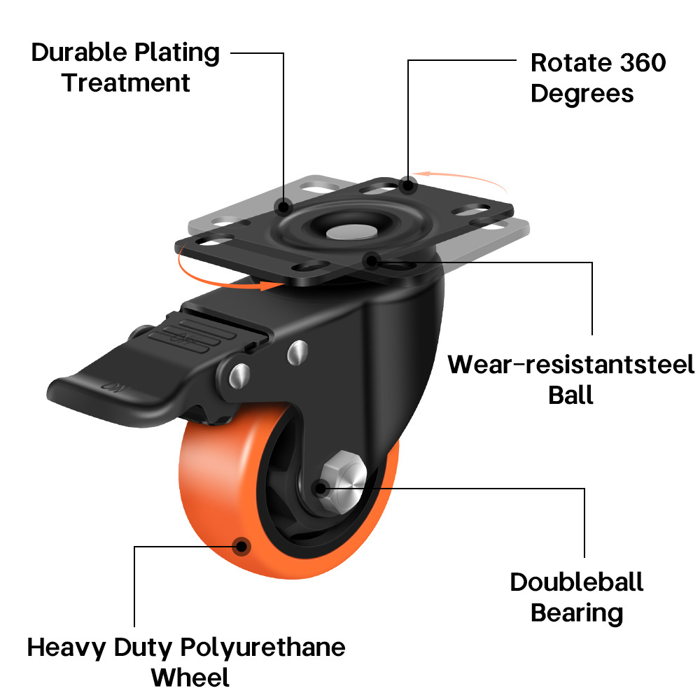 3 Inch Industrial Medium Duty Caster Wheels 75mm Castor Pvc Orange Swivel Heavy Duty Caster Rotating Universal Wheels