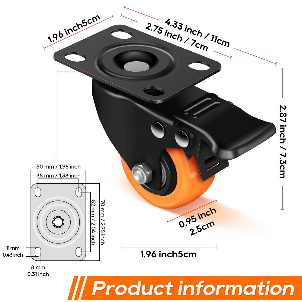 2 Inch Pvc Orange Wheel Casters Swivel Top Plate Threaded Stem Castor Trolley Wheels With Light Duty Furniture Casters Wheel