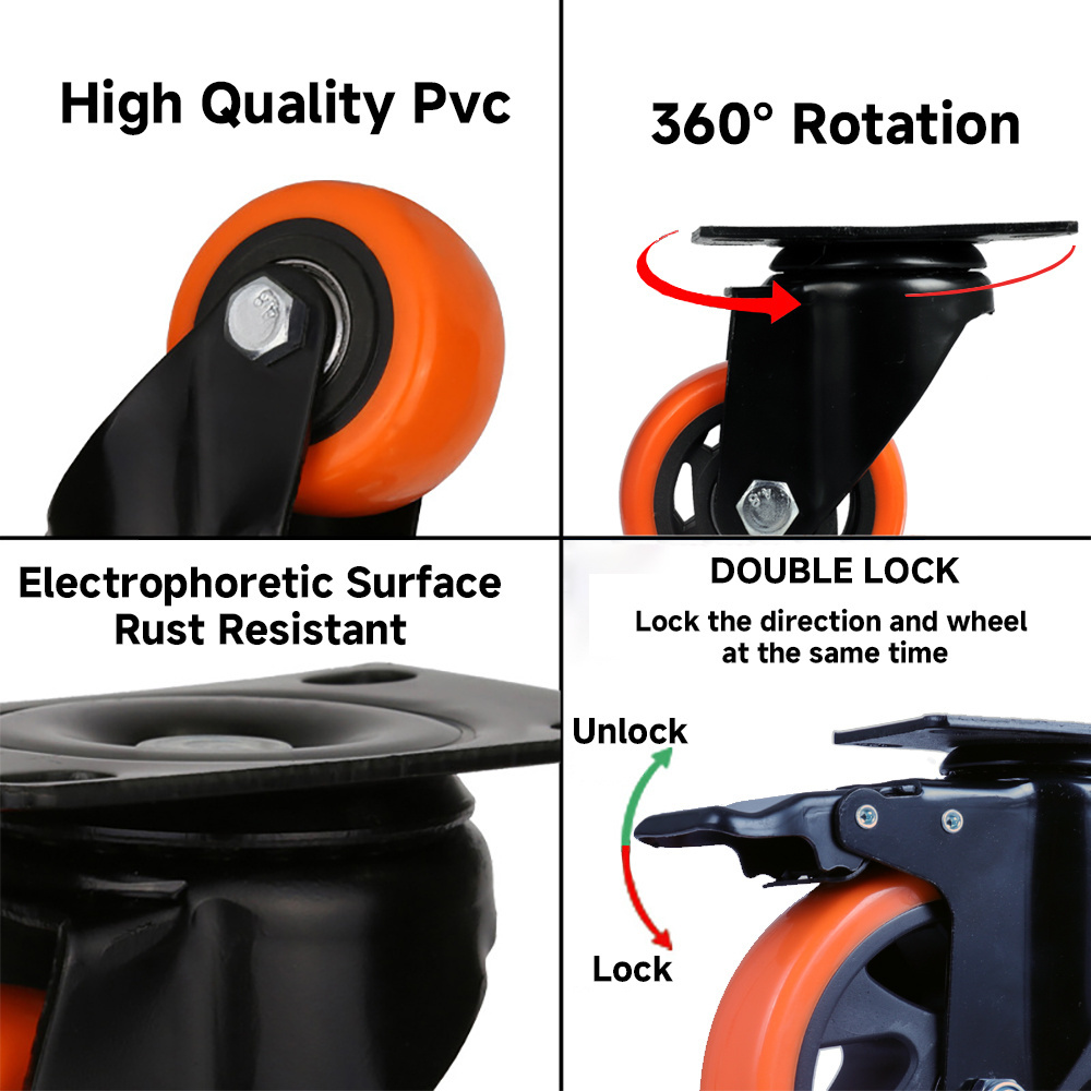 3 Inch Industrial Medium Duty Caster Wheels 75mm Castor Pvc Orange Swivel Heavy Duty Caster Rotating Universal Wheels