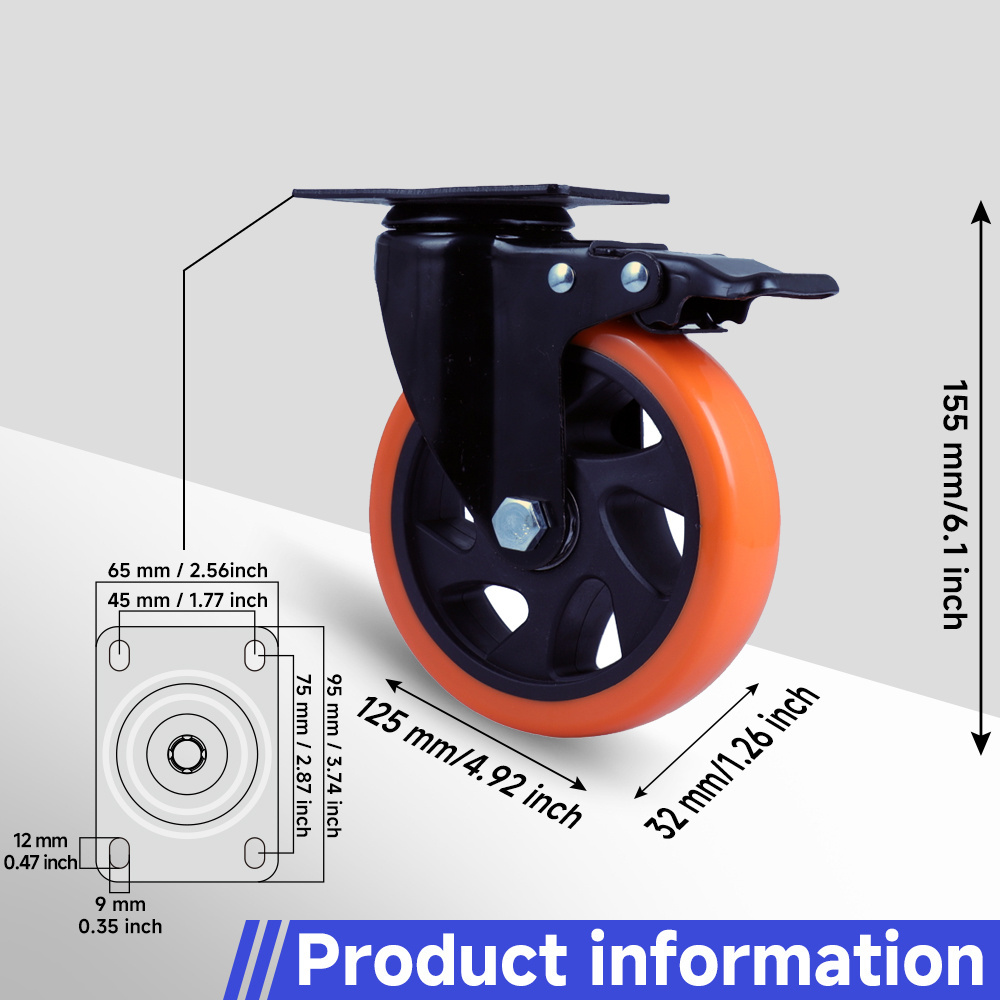 5Inch Industrial 125mm Casters Custom Trolley Home Castors With Brake Swivel Heavy Duty Top Plate Stem Locking Caster Wheels