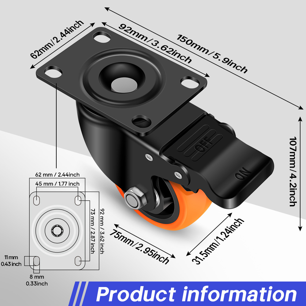 3 Inch Industrial Medium Duty Caster Wheels 75mm Castor Pvc Orange Swivel Heavy Duty Caster Rotating Universal Wheels