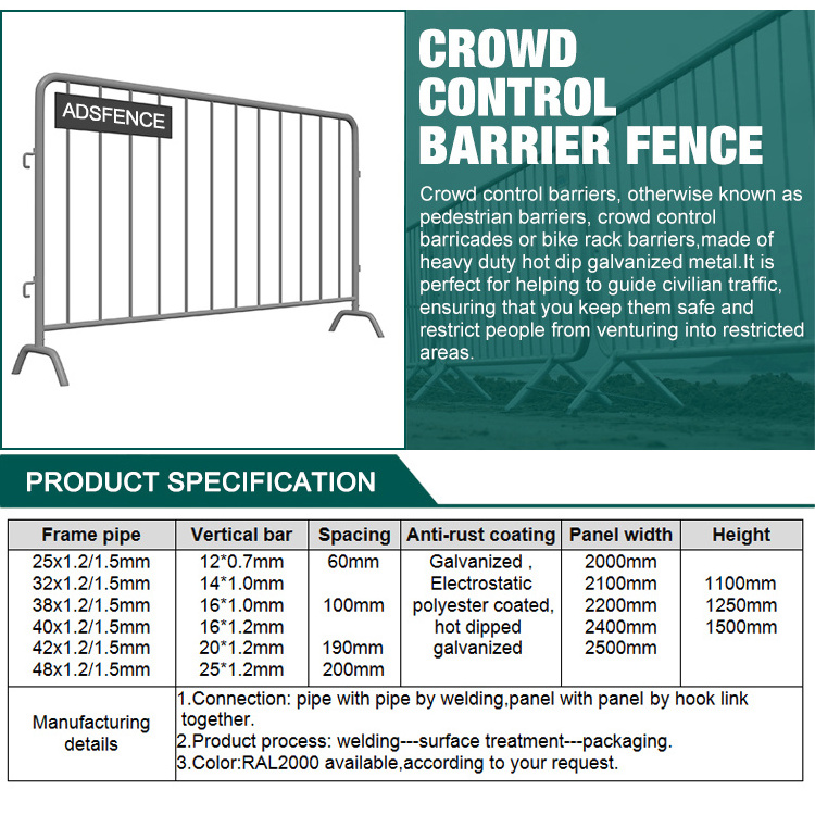 Sustainable Pedestrian Portable Traffic Steel Crowd Control Barrier Fence Waterproof