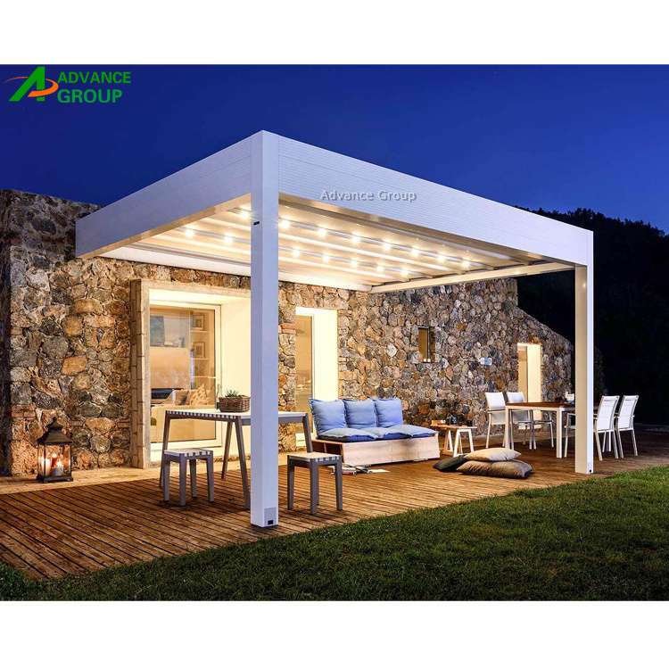 Automated opening louvered roof Bioclimatic pergola with LED light strip Aluminum gazebo for Outdoor