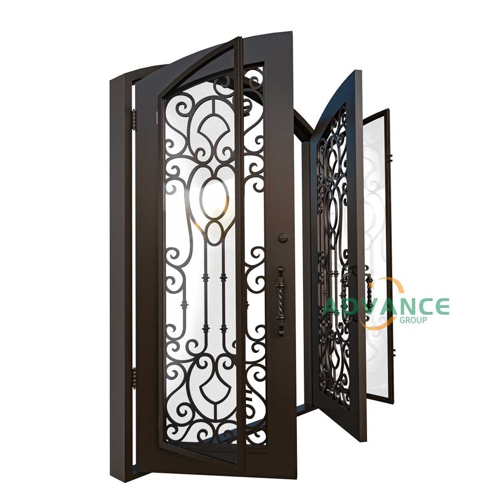 Custom metal and glass front entry door design outdoor patio security wrought iron doors with screen net inserts & handle locks