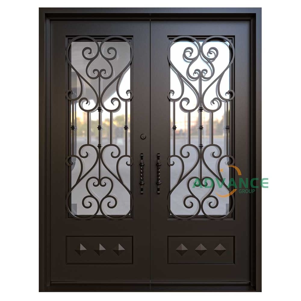 Custom metal and glass front entry door design outdoor patio security wrought iron doors with screen net inserts & handle locks