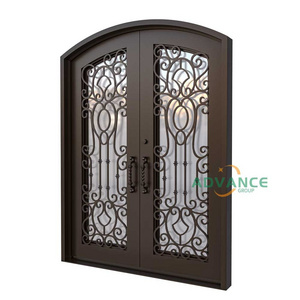 Custom metal and glass front entry door design outdoor patio security wrought iron doors with screen net inserts & handle locks