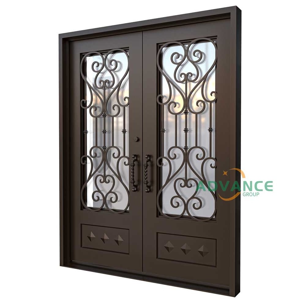 Custom metal and glass front entry door design outdoor patio security wrought iron doors with screen net inserts & handle locks