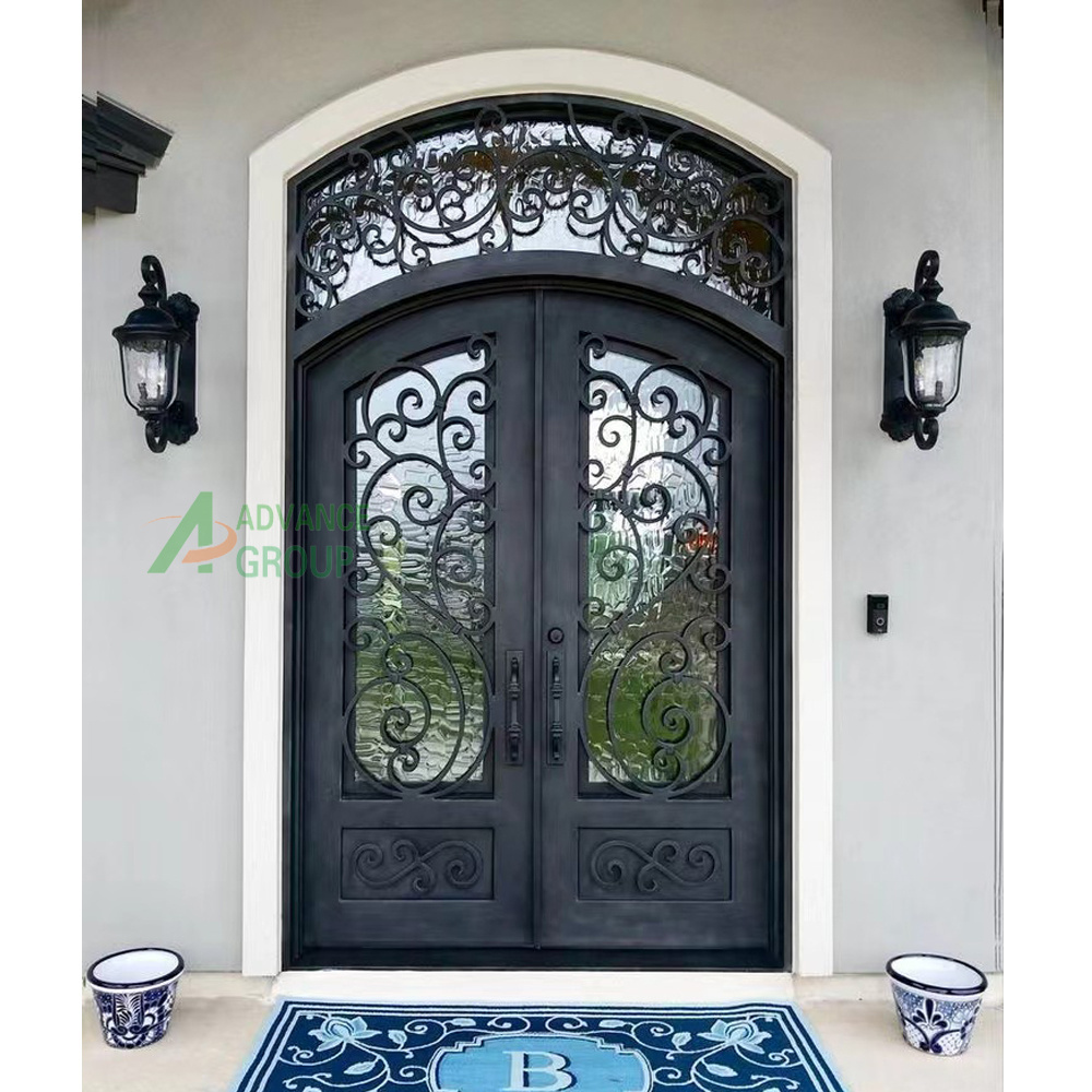 Luxury design round arched interior exterior front double glass wrought iron doors prices for villa home