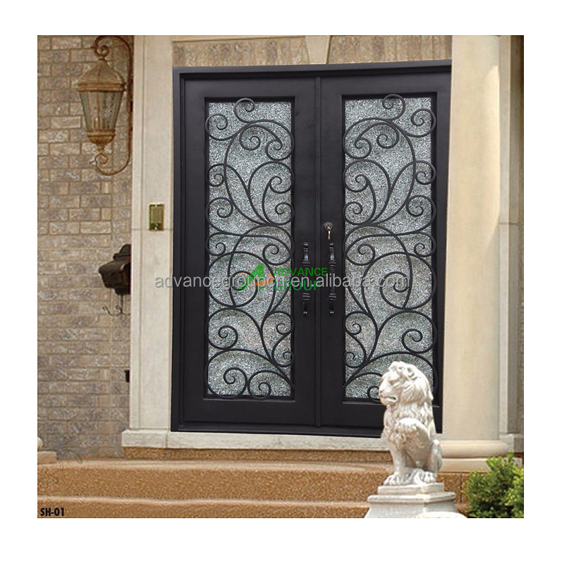 French exterior double glass wrought iron doors/security wrought iron double entry doors